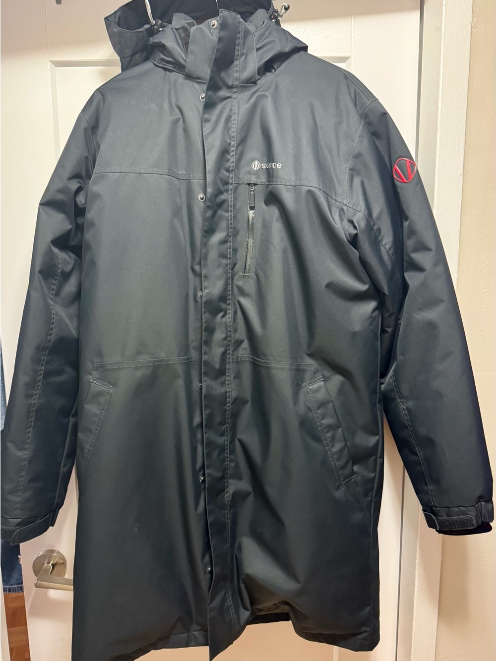 Sunice Men's Black Hooded Raincoat with Red Sleeve Accent